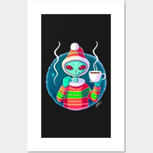 Christmas Funny Alien Drinking Coffee Wearing Sweater Posters and Art